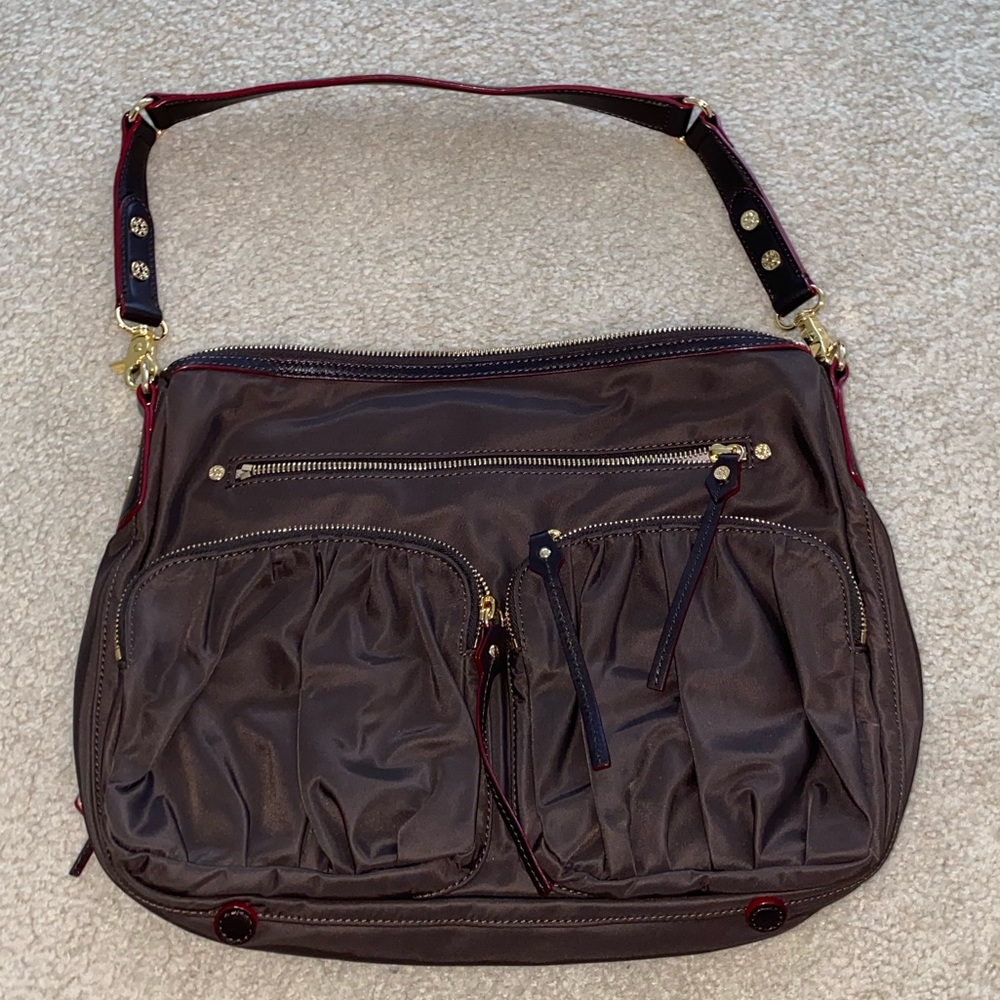 MZ Wallace nylon brown maroon with gold hardware shoulder tote crossbody bag